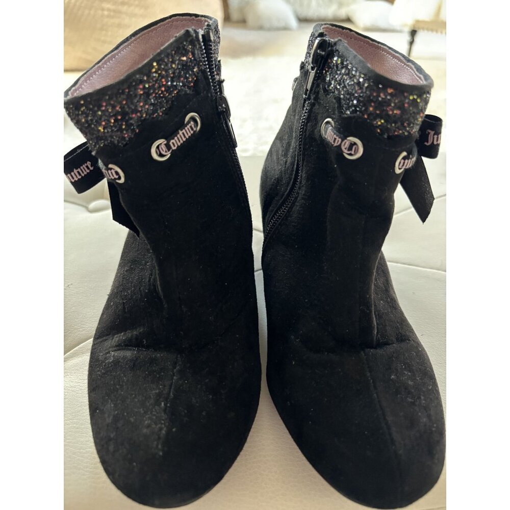 Juicy Couture Girls 2M Black Suede Wedge  Boots With Sparkle Trim & Bow Accent